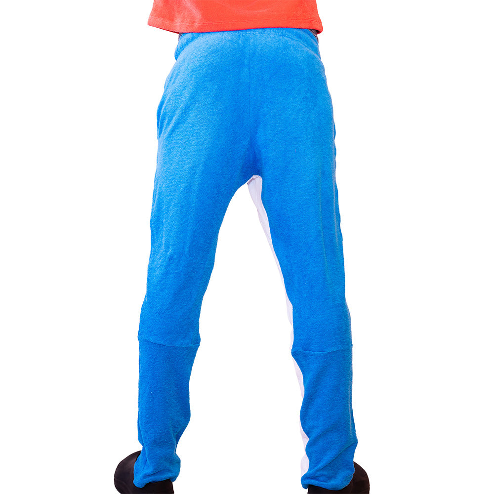 Blue Mariano track pants with red and blue bird prints and white side panels in a slim athletic fit