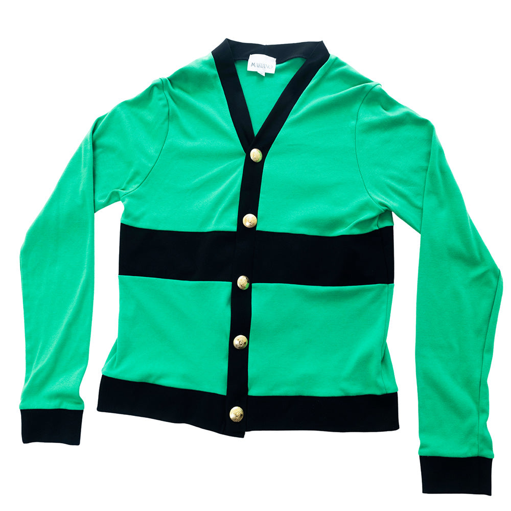 Green and black Mariano cardigan with gold buttons and V-neck design