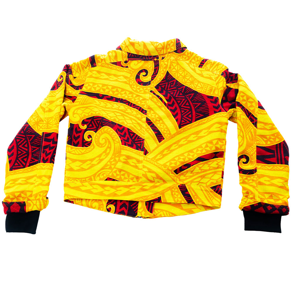 Yellow and maroon Mariano bomber jacket with baroque print and rib-knit cuffs.