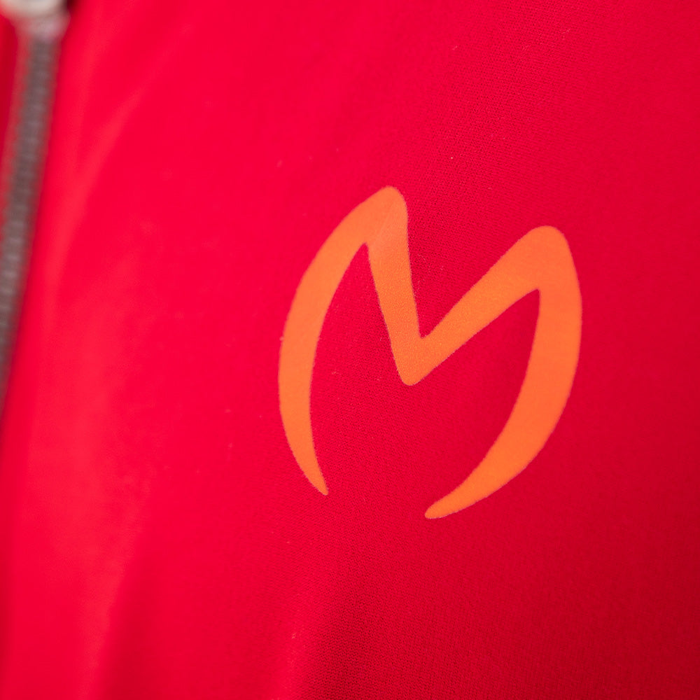 Red Mariano hoodie with gold logo, white star sleeves, and zip-front design.