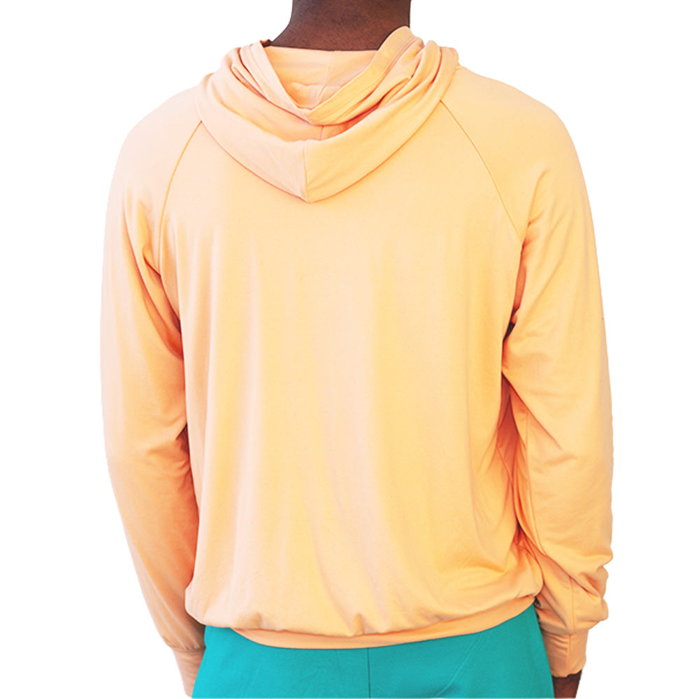 Blush pink Mariano zip hoodie with gold globe emblem and relaxed fit.
