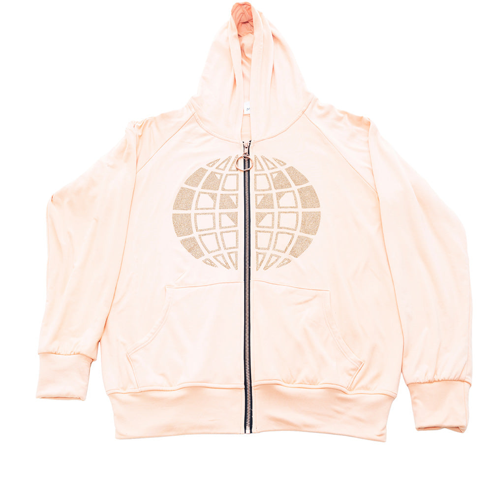 Blush pink Mariano zip hoodie with gold globe emblem and relaxed fit.