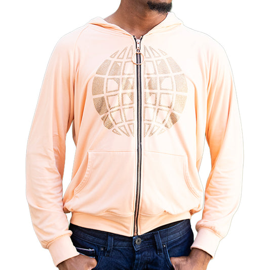 Blush pink Mariano zip hoodie with gold globe emblem and relaxed fit.