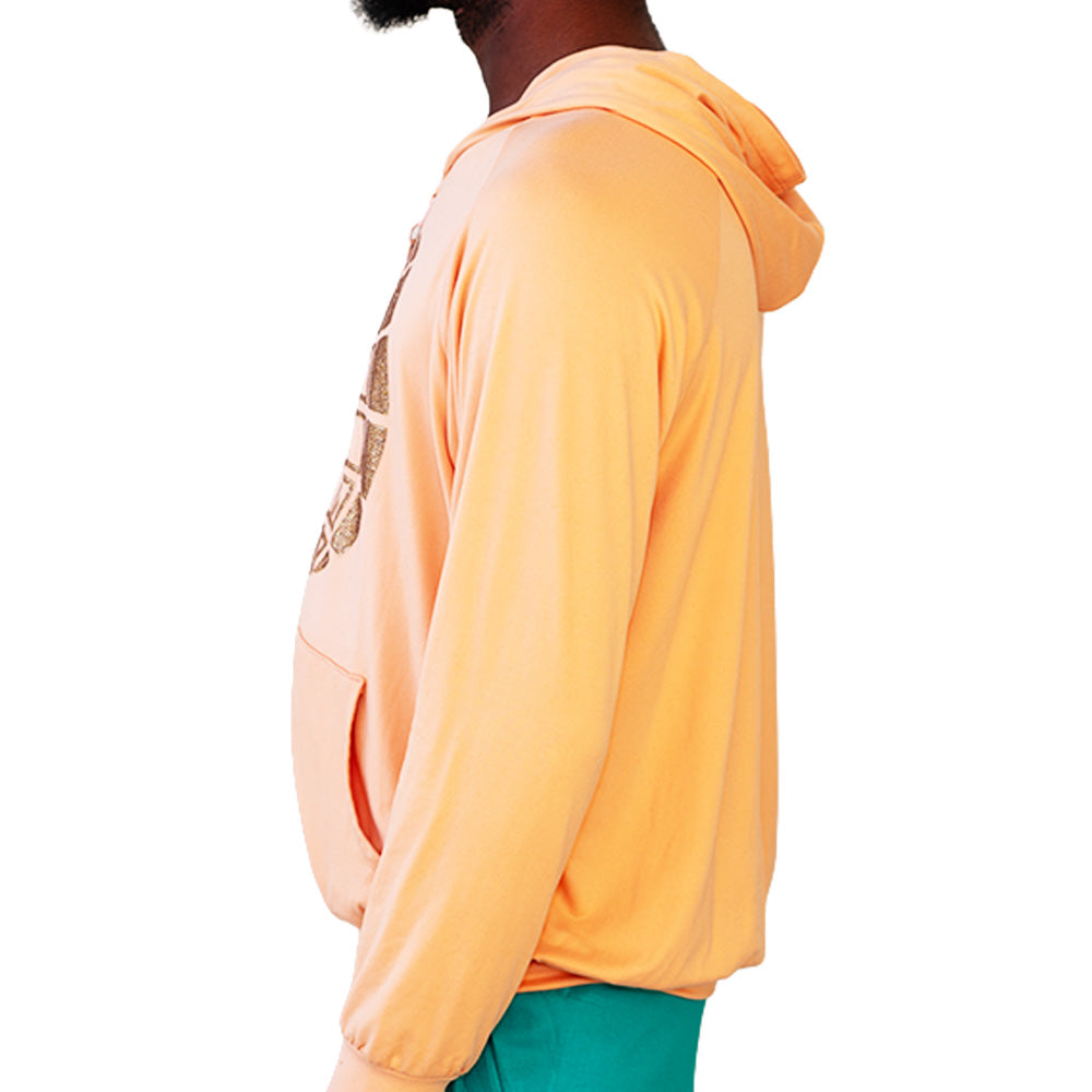 Blush pink Mariano zip hoodie with gold globe emblem and relaxed fit.