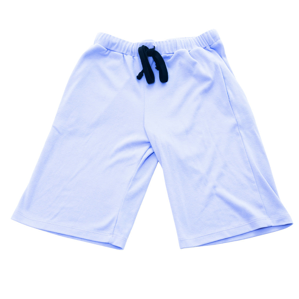 Light blue Mariano lounge shorts with navy drawstring and relaxed elastic fit.