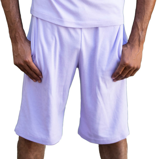 Light blue Mariano lounge shorts with navy drawstring and relaxed elastic fit.