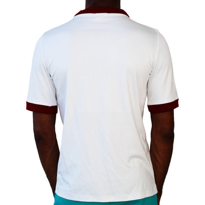 White Mariano tee with maroon trim and script logo across the chest
