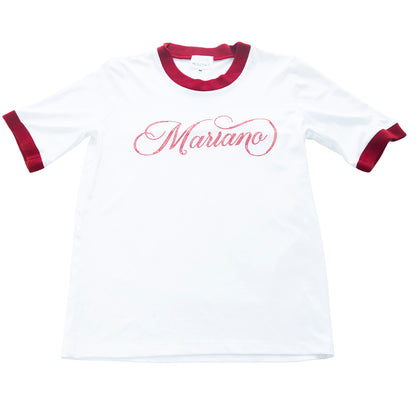 White Mariano tee with maroon trim and script logo across the chest