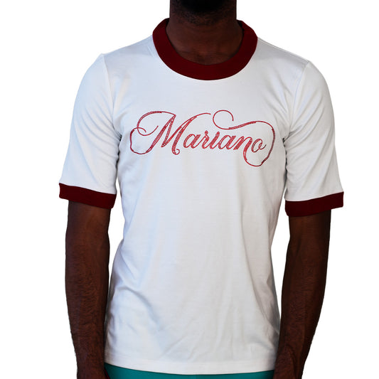 White Mariano tee with maroon trim and script logo across the chest