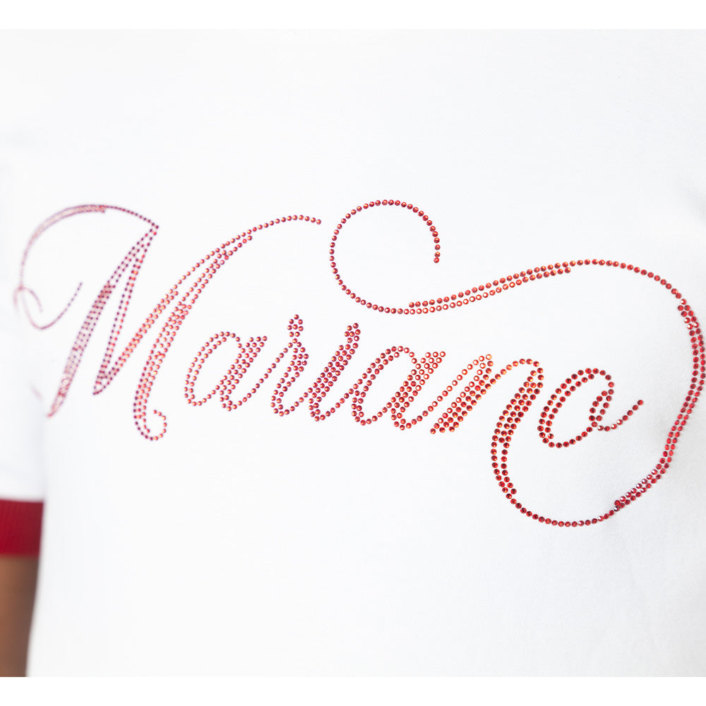 White Mariano tee with maroon trim and script logo across the chest