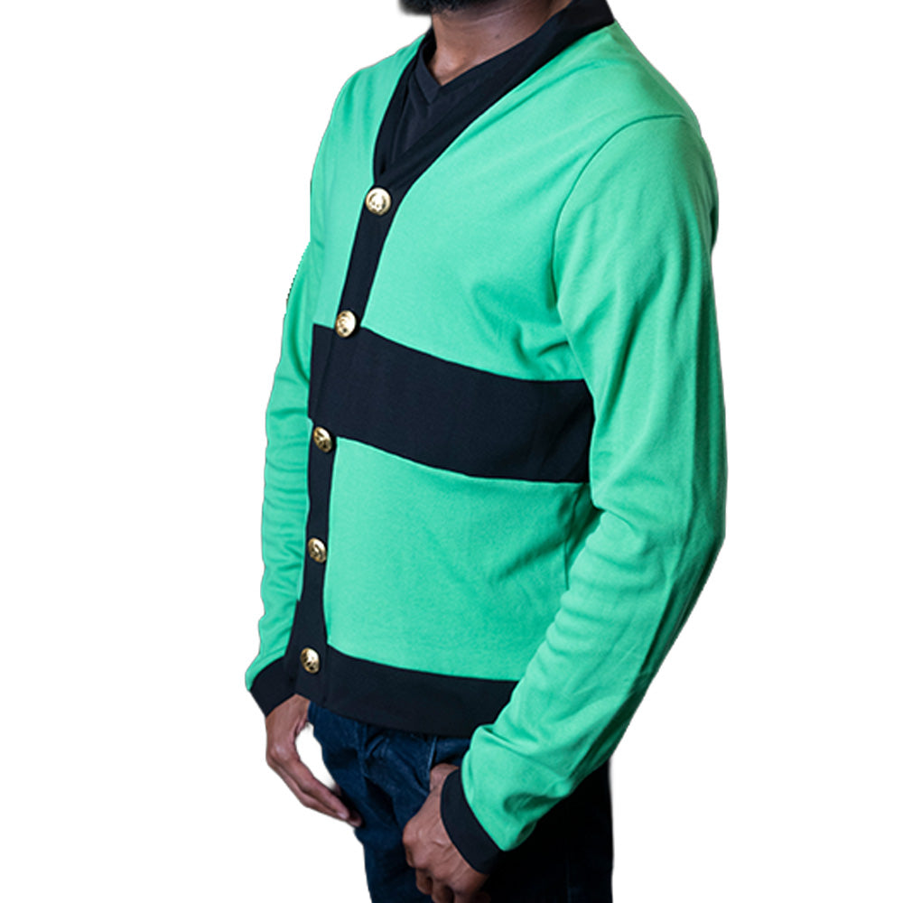Green and black Mariano cardigan with gold buttons and V-neck design