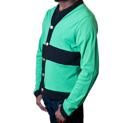 Green and black Mariano cardigan with gold buttons and V-neck design