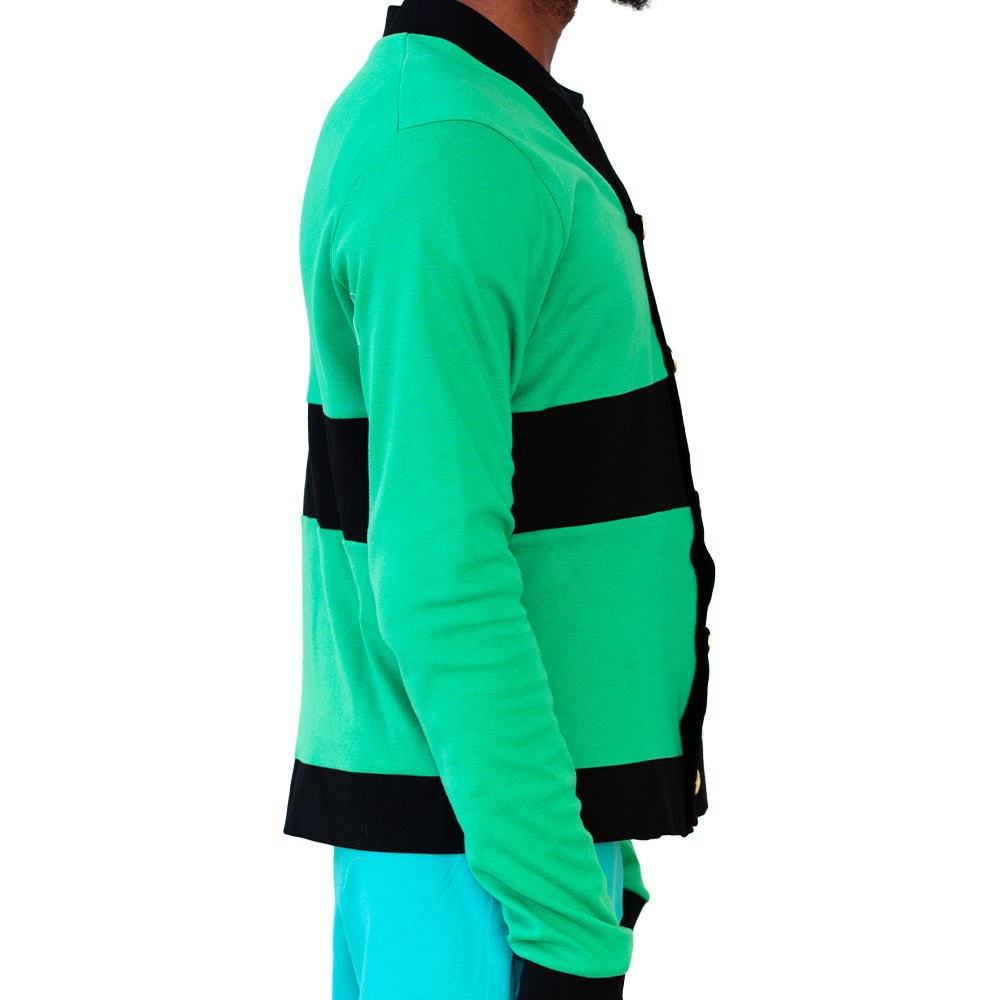 Green and black Mariano cardigan with gold buttons and V-neck design