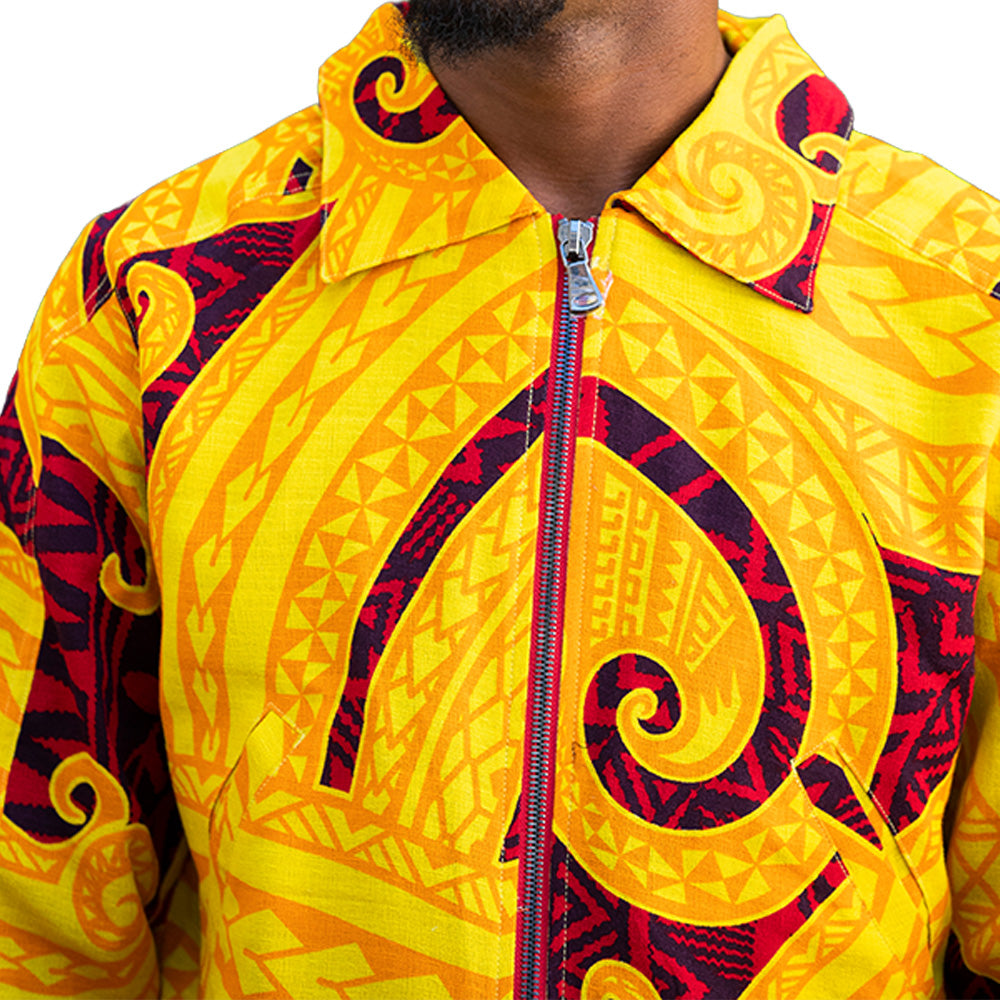 Yellow and maroon Mariano bomber jacket with baroque print and rib-knit cuffs.
