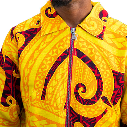 Yellow and maroon Mariano bomber jacket with baroque print and rib-knit cuffs.