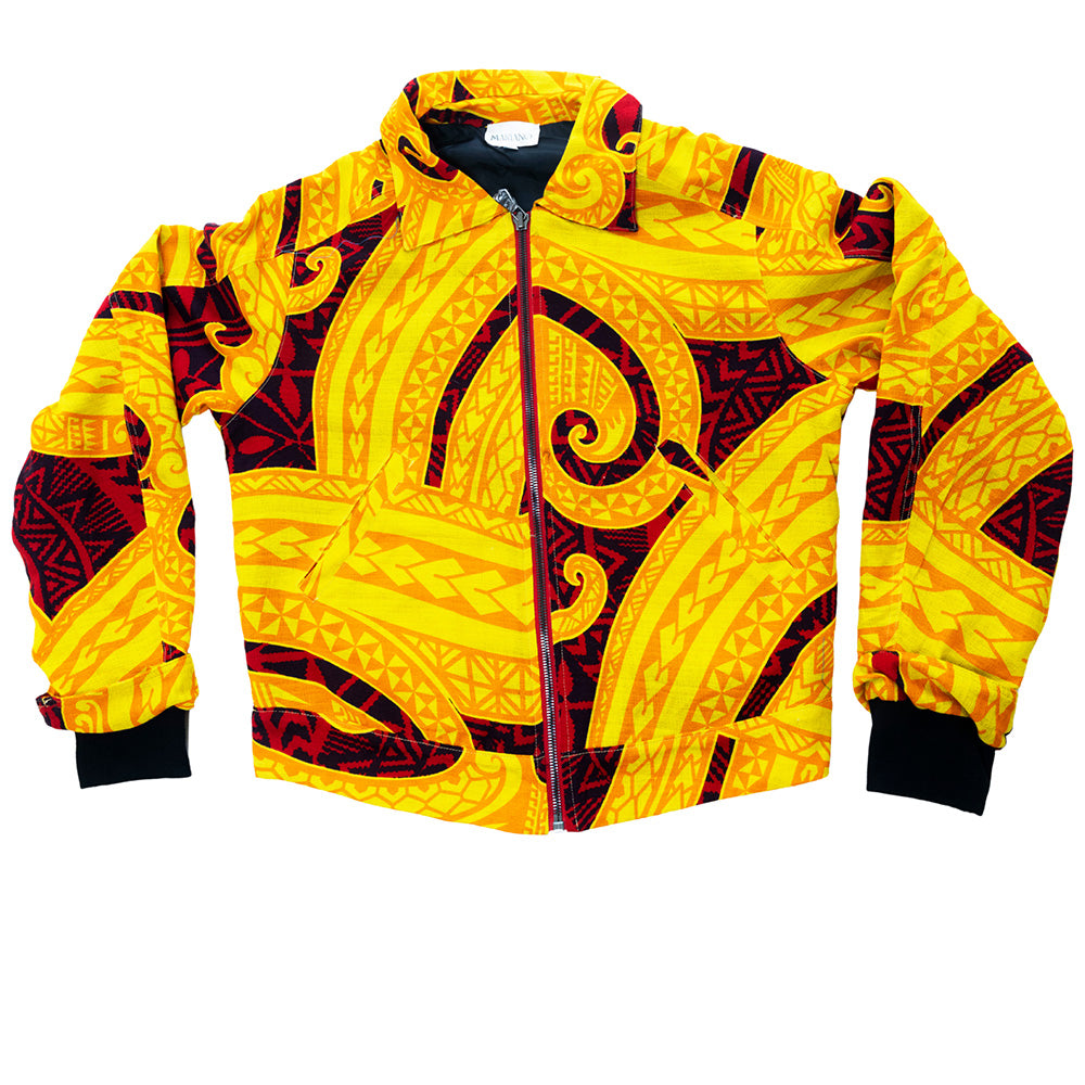 Yellow and maroon Mariano bomber jacket with baroque print and rib-knit cuffs.