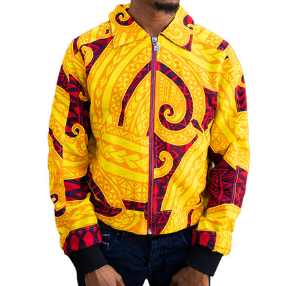 Yellow and maroon Mariano bomber jacket with baroque print and rib-knit cuffs.