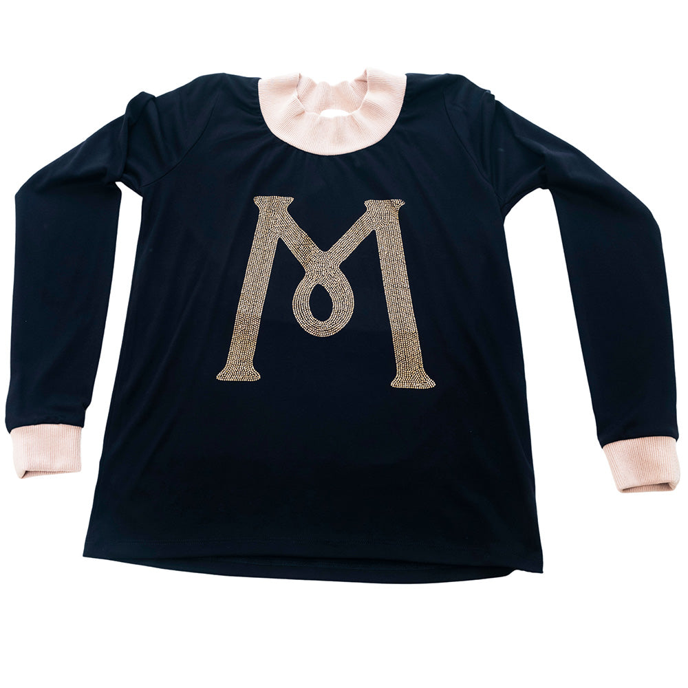 Black Mariano long-sleeve tee with gold ‘M’ logo and cream collar and cuffs