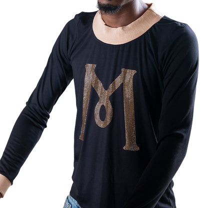 Black Mariano long-sleeve tee with gold ‘M’ logo and cream collar and cuffs