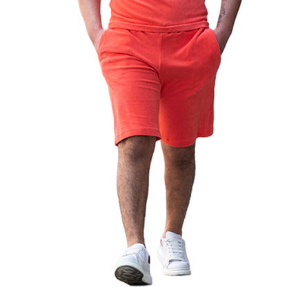 Orange Mariano lounge shorts with navy drawstring and relaxed elastic fit.