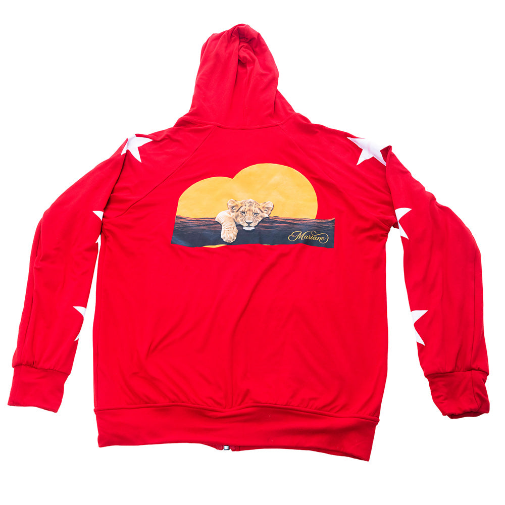 Red Mariano hoodie with gold logo, white star sleeves, and zip-front design