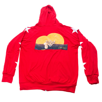 Red Mariano hoodie with gold logo, white star sleeves, and zip-front design