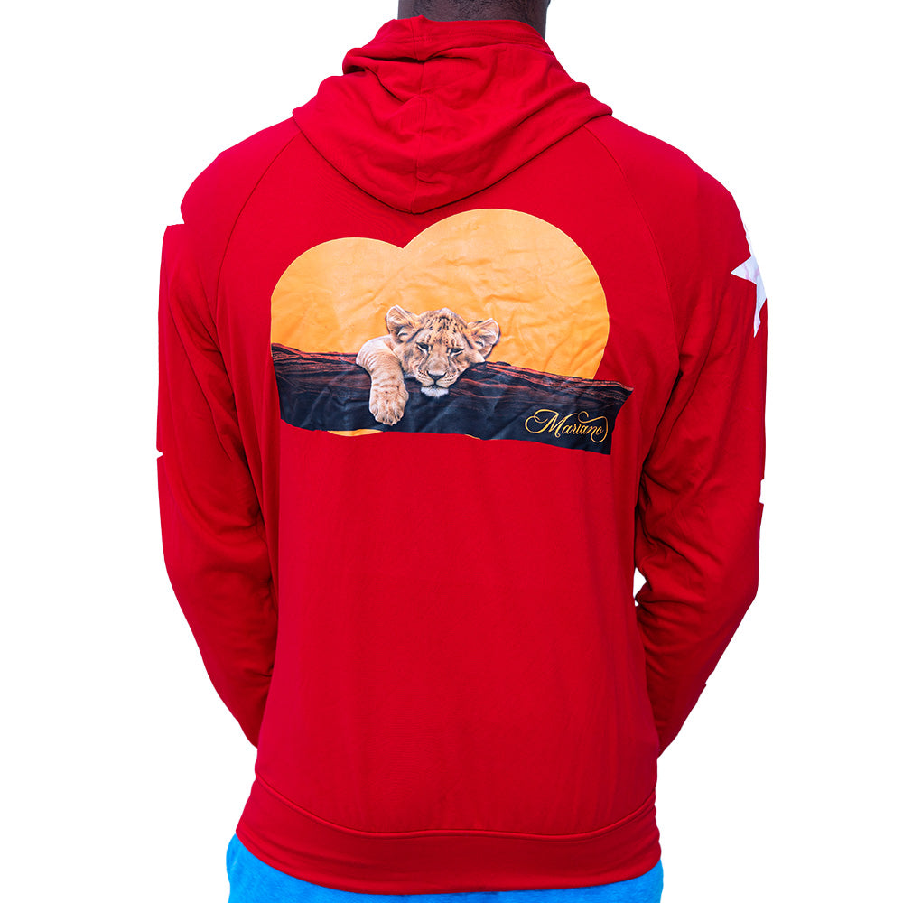 Red Mariano hoodie with gold logo, white star sleeves, and zip-front design