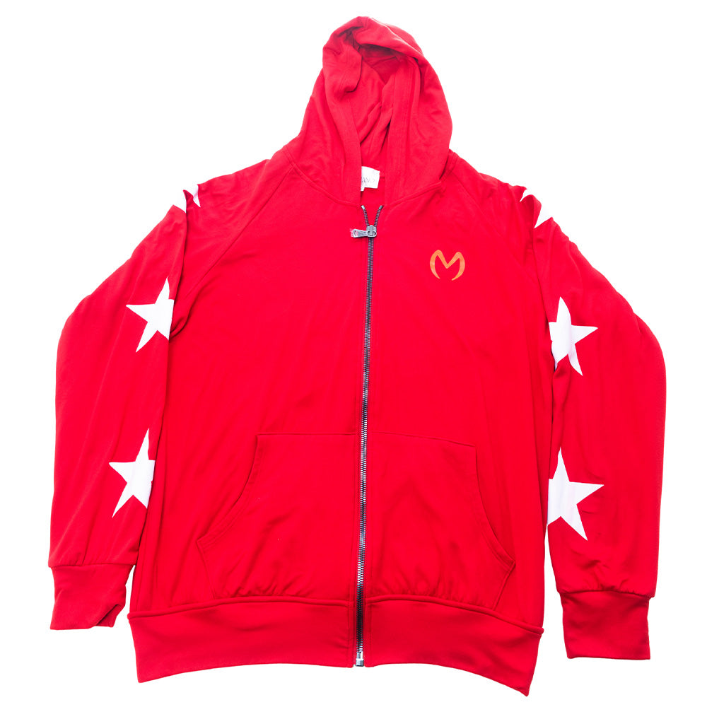Red Mariano hoodie with gold logo, white star sleeves, and zip-front design