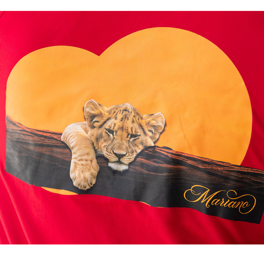 Red Mariano hoodie with gold logo, white star sleeves, and zip-front design