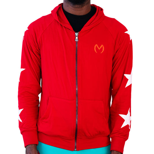 Red Mariano hoodie with gold logo, white star sleeves, and zip-front design.