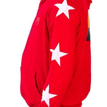 Red Mariano hoodie with gold logo, white star sleeves, and zip-front design