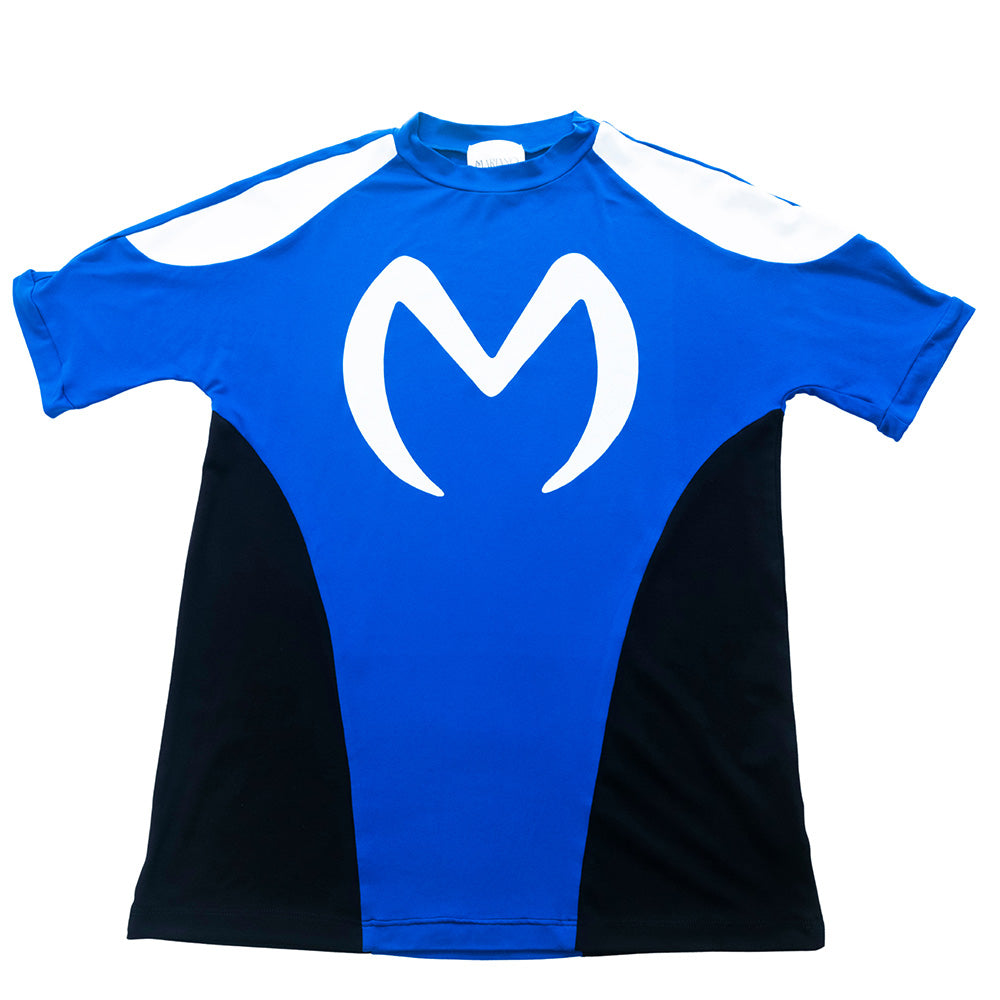 Blue and black Mariano Velocity ‘M’ Tee with white logo and performance contour panels.