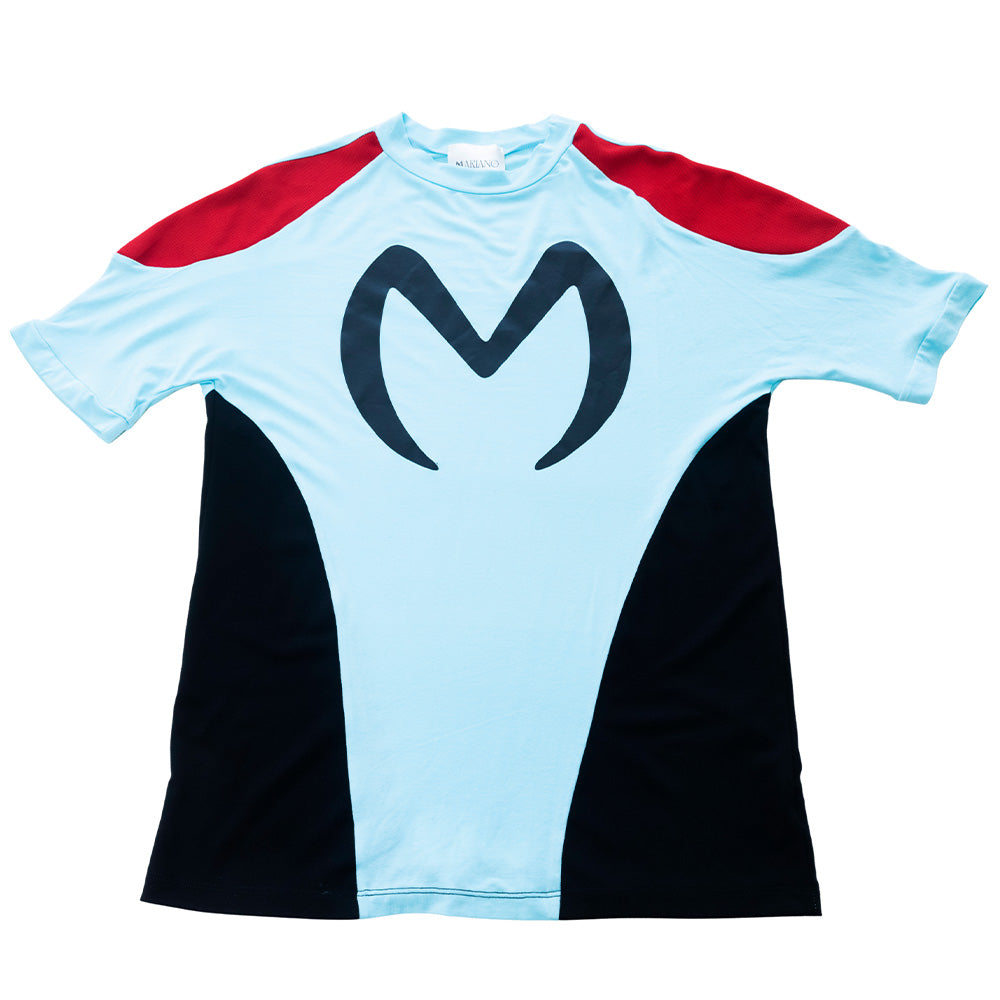 Light blue Mariano Velocity ‘M’ Tee with red shoulders, black logo, and sporty tailored fit.