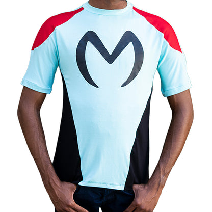 Light blue Mariano Velocity ‘M’ Tee with red shoulders, black logo, and sporty tailored fit.