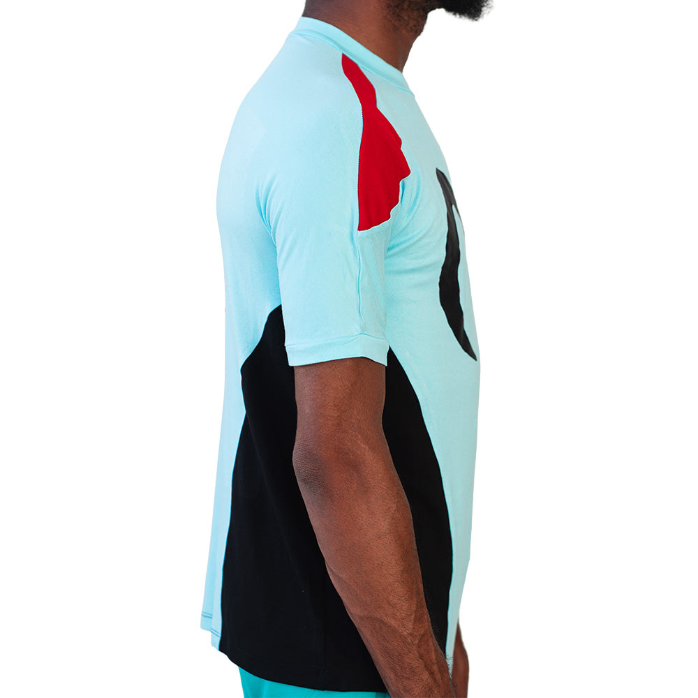 Light blue Mariano Velocity ‘M’ Tee with red shoulders, black logo, and sporty tailored fit.